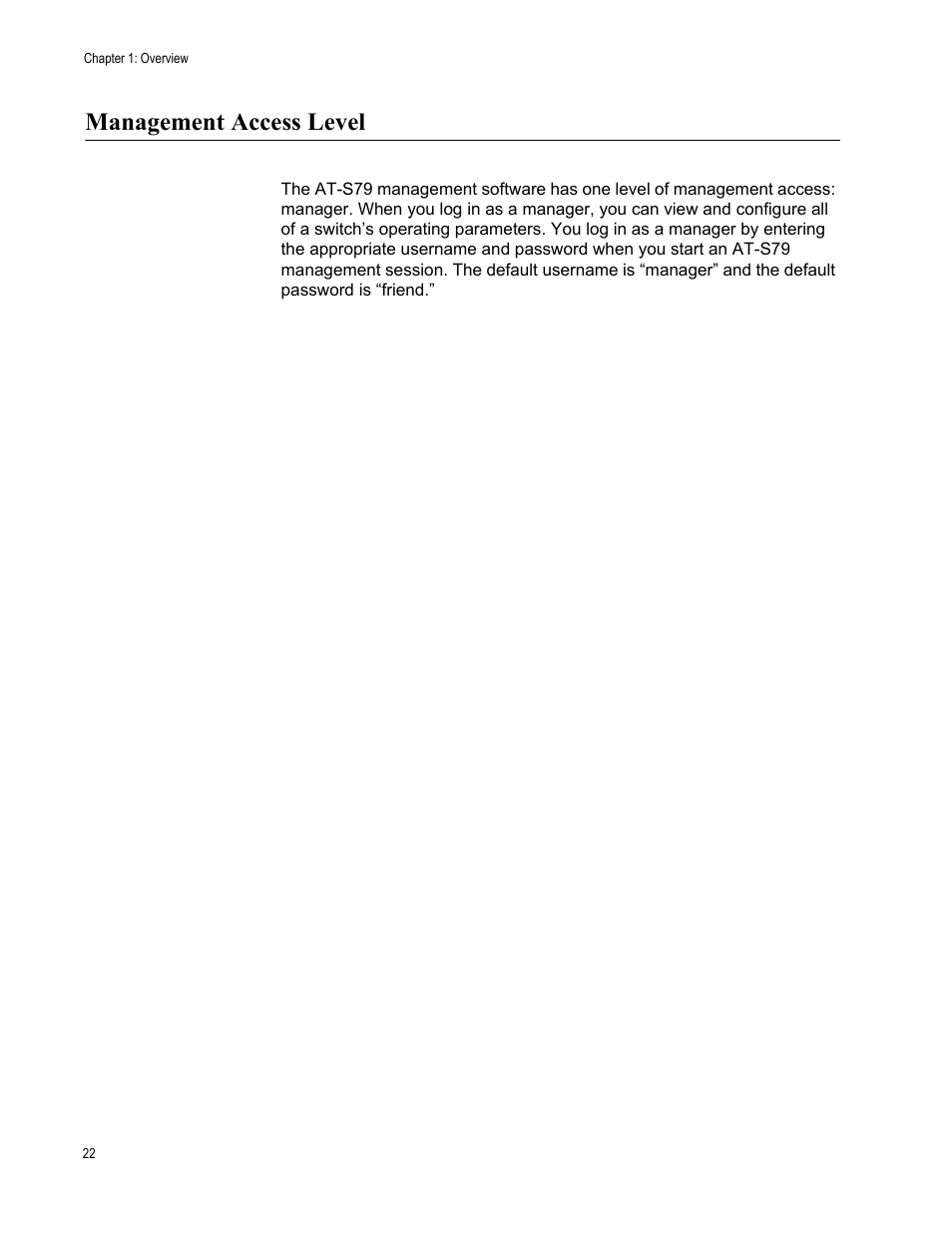 Management access level | Allied Telesis AT-S79 User Manual | Page 22 / 348