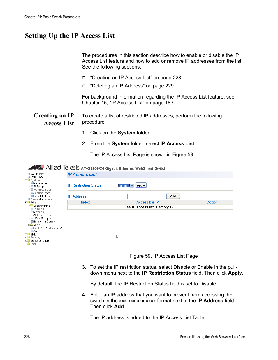 Setting up the ip access list, Creating an ip access list | Allied Telesis AT-S79 User Manual | Page 228 / 348