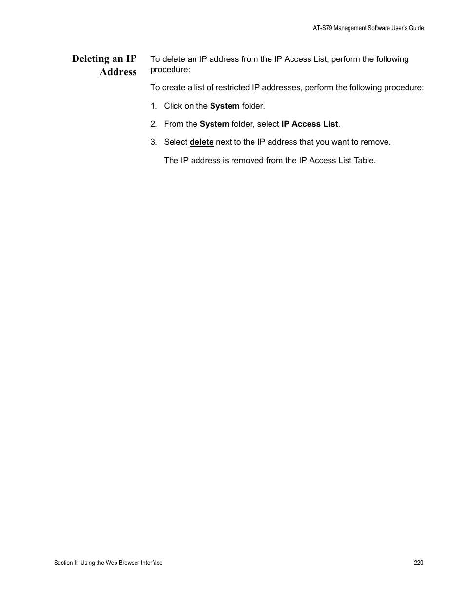 Deleting an ip address | Allied Telesis AT-S79 User Manual | Page 229 / 348