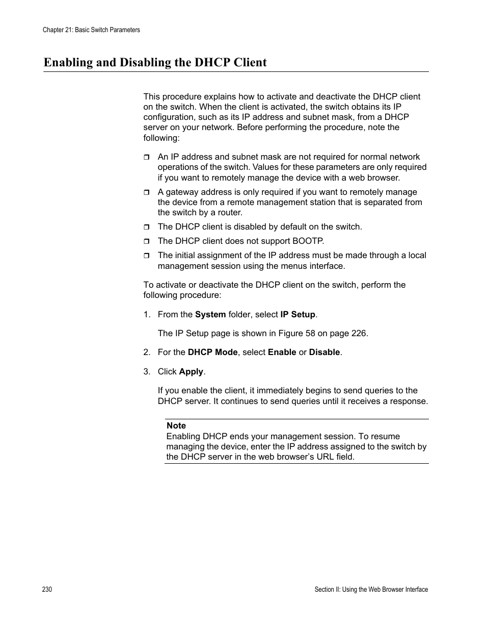 Enabling and disabling the dhcp client | Allied Telesis AT-S79 User Manual | Page 230 / 348