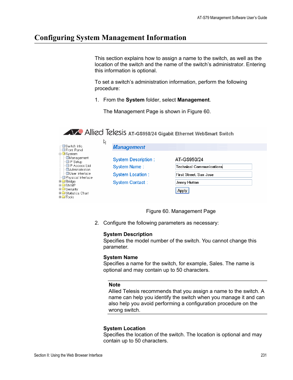 Configuring system management information | Allied Telesis AT-S79 User Manual | Page 231 / 348