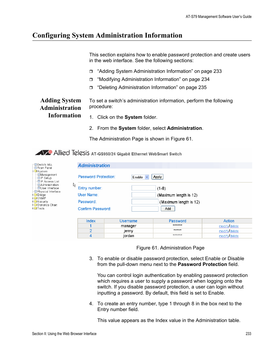 Configuring system administration information, Adding system administration information | Allied Telesis AT-S79 User Manual | Page 233 / 348