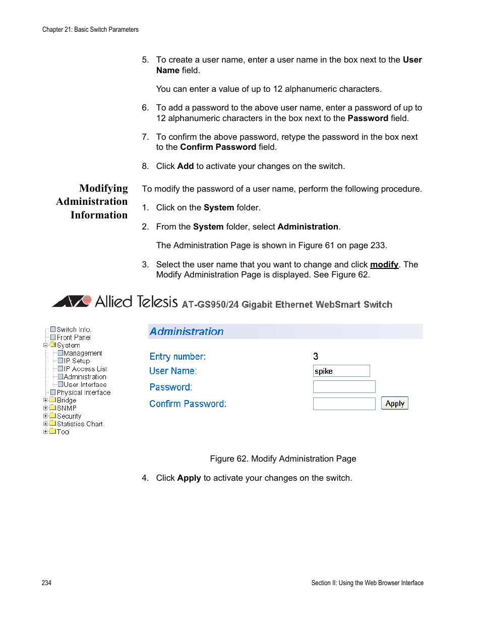 Modifying administration information | Allied Telesis AT-S79 User Manual | Page 234 / 348