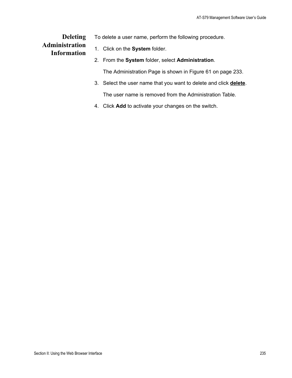 Deleting administration information | Allied Telesis AT-S79 User Manual | Page 235 / 348