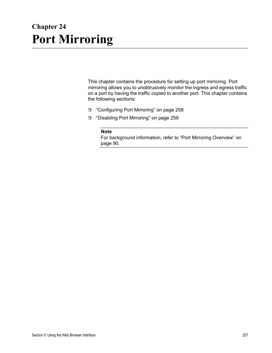 Chapter 24, Port mirroring, Chapter 24: port mirroring | Allied Telesis AT-S79 User Manual | Page 257 / 348