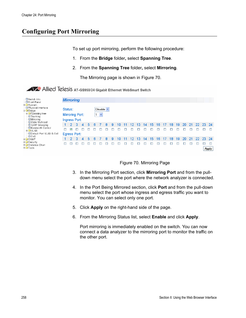 Configuring port mirroring | Allied Telesis AT-S79 User Manual | Page 258 / 348