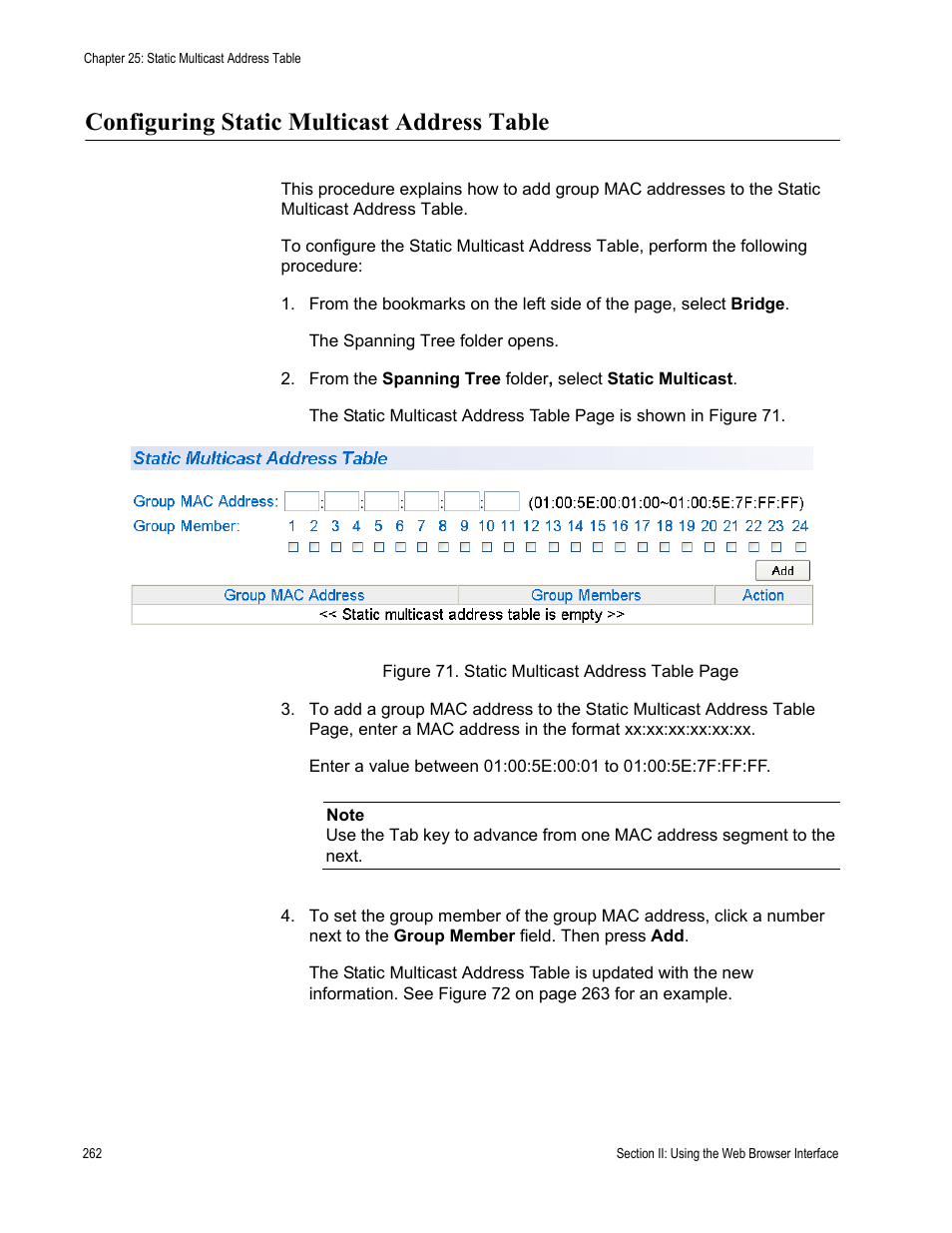 Configuring static multicast address table | Allied Telesis AT-S79 User Manual | Page 262 / 348