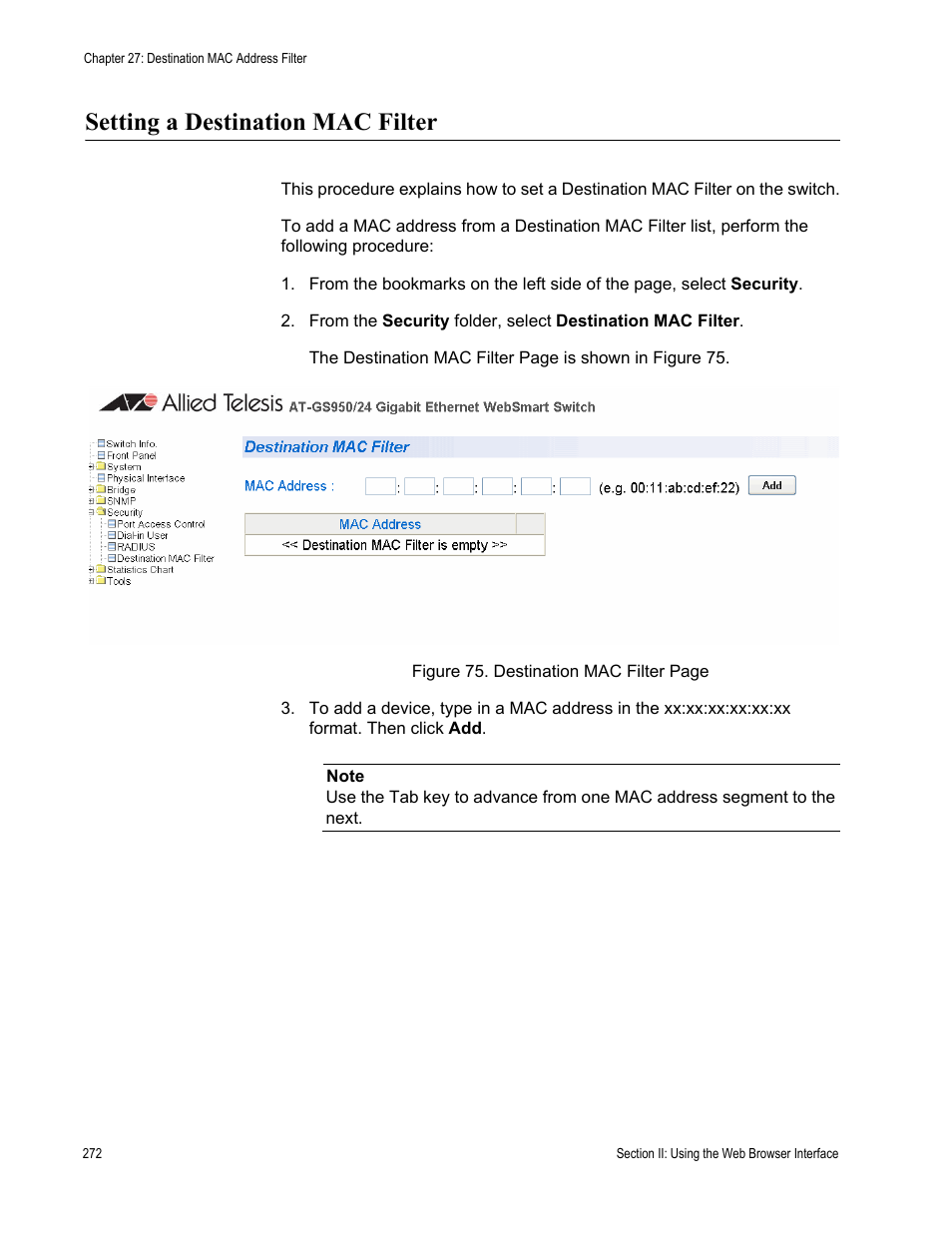 Setting a destination mac filter | Allied Telesis AT-S79 User Manual | Page 272 / 348