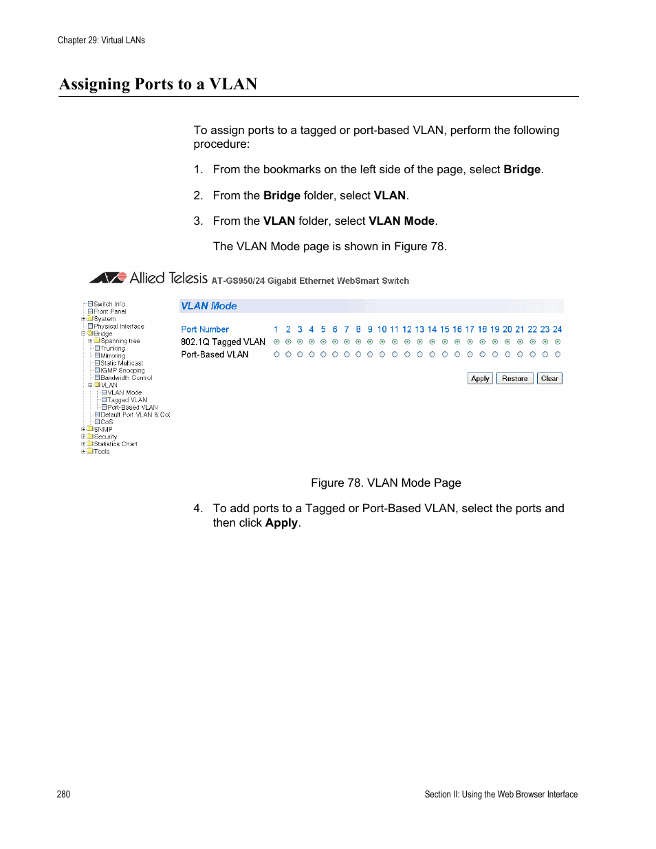 Assigning ports to a vlan | Allied Telesis AT-S79 User Manual | Page 280 / 348