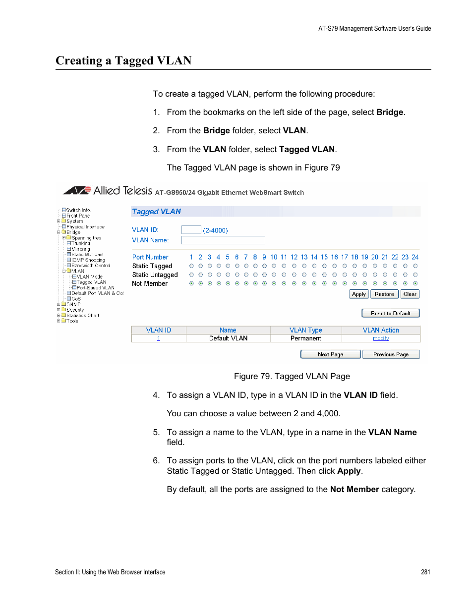 Creating a tagged vlan | Allied Telesis AT-S79 User Manual | Page 281 / 348