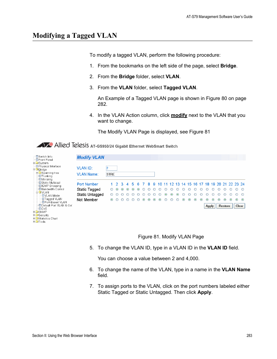 Modifying a tagged vlan | Allied Telesis AT-S79 User Manual | Page 283 / 348