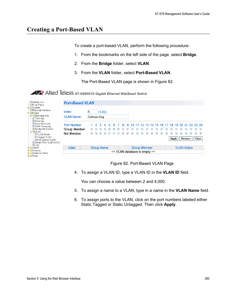 Creating a port-based vlan | Allied Telesis AT-S79 User Manual | Page 285 / 348
