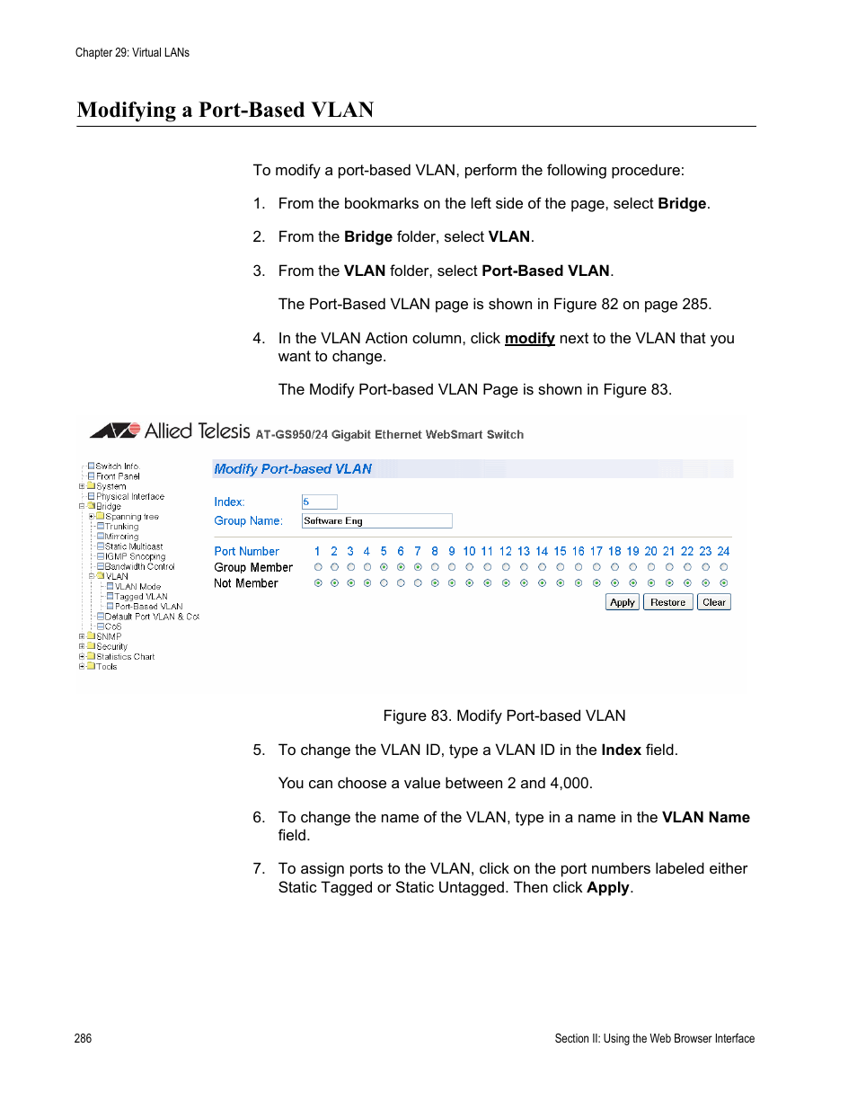 Modifying a port-based vlan, Figure 83. modify port-based vlan | Allied Telesis AT-S79 User Manual | Page 286 / 348