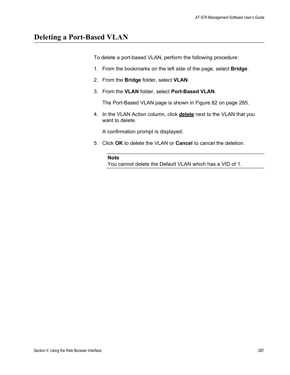 Deleting a port-based vlan | Allied Telesis AT-S79 User Manual | Page 287 / 348