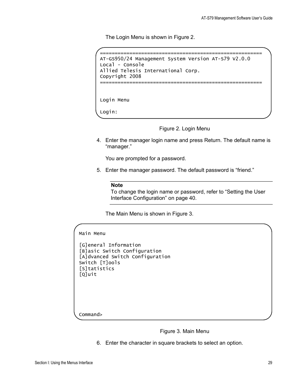 Figure 2. login menu figure 3. main menu | Allied Telesis AT-S79 User Manual | Page 29 / 348