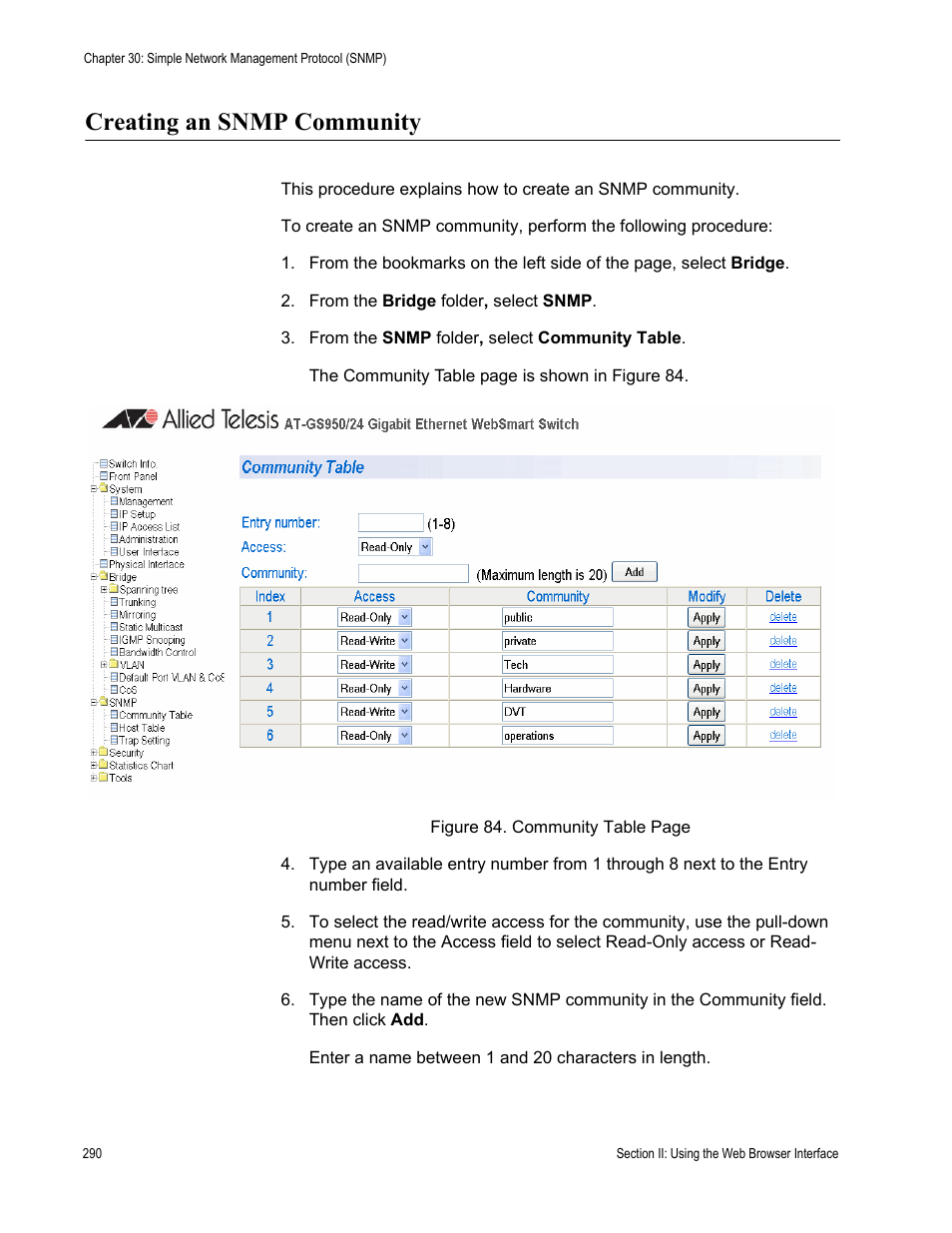 Creating an snmp community | Allied Telesis AT-S79 User Manual | Page 290 / 348
