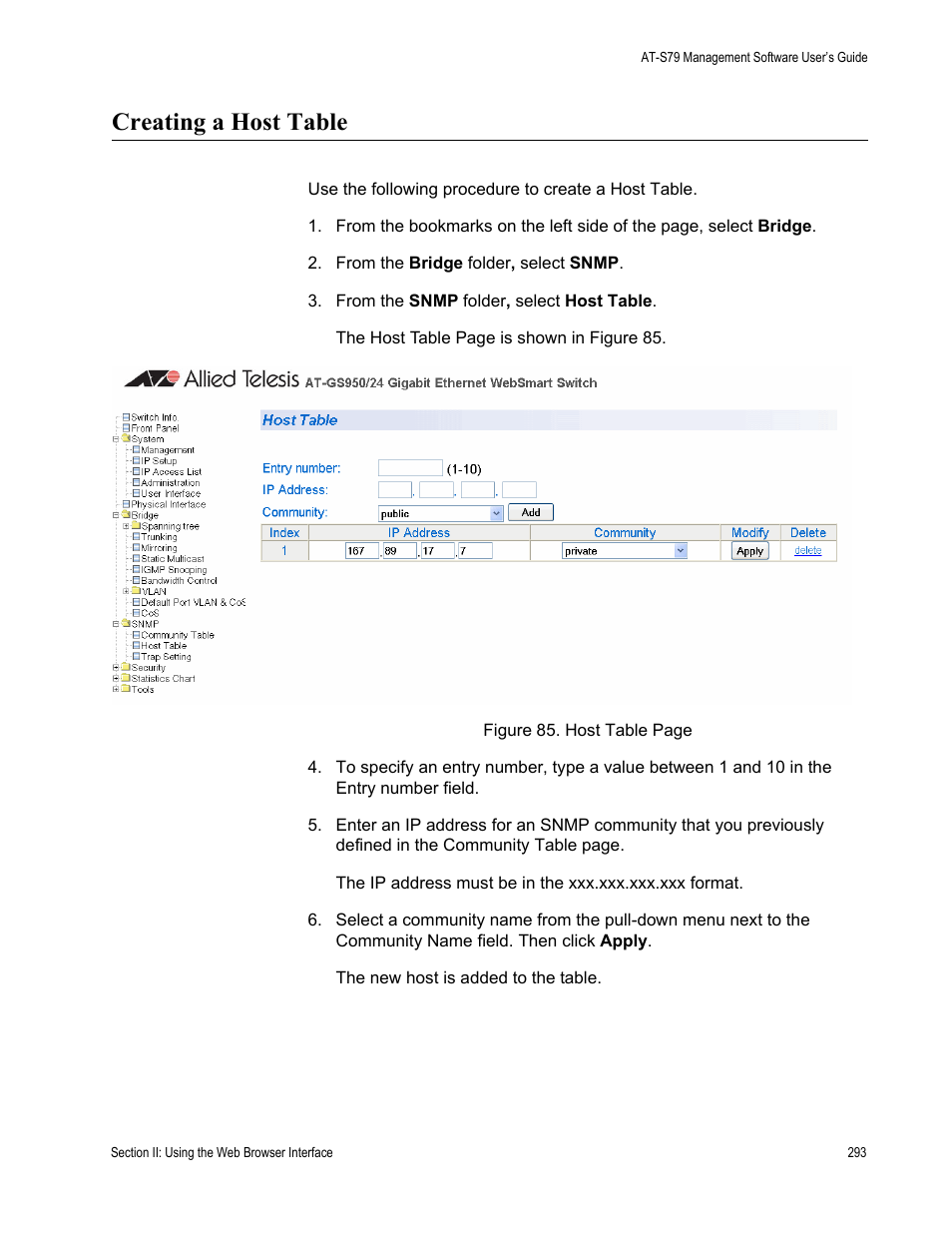 Creating a host table | Allied Telesis AT-S79 User Manual | Page 293 / 348