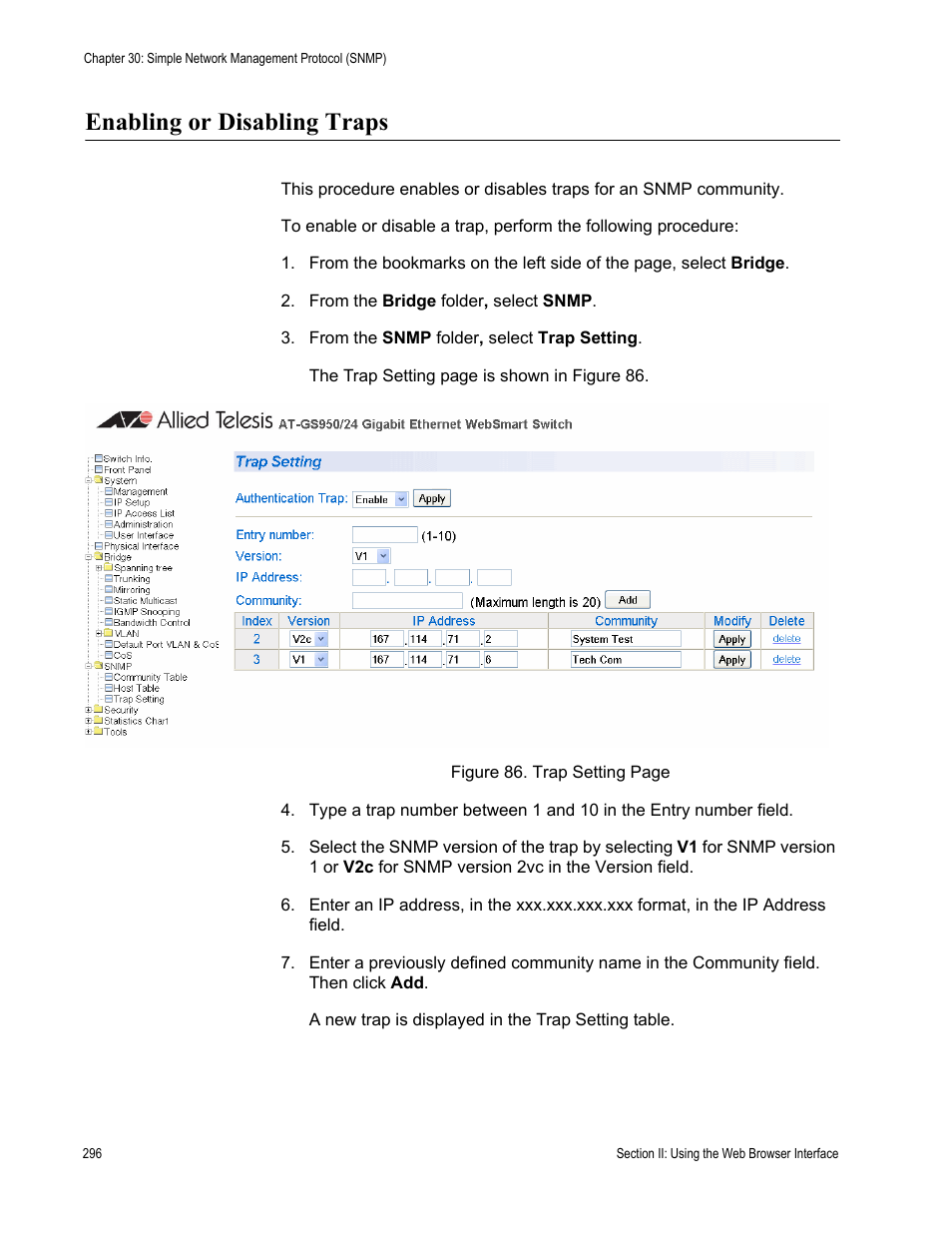 Enabling or disabling traps | Allied Telesis AT-S79 User Manual | Page 296 / 348