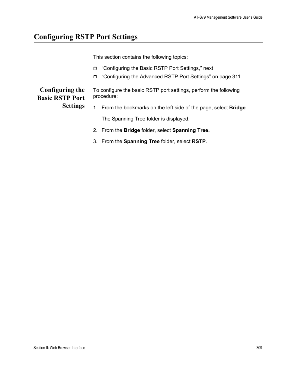 Configuring rstp port settings, Configuring the basic rstp port settings | Allied Telesis AT-S79 User Manual | Page 309 / 348