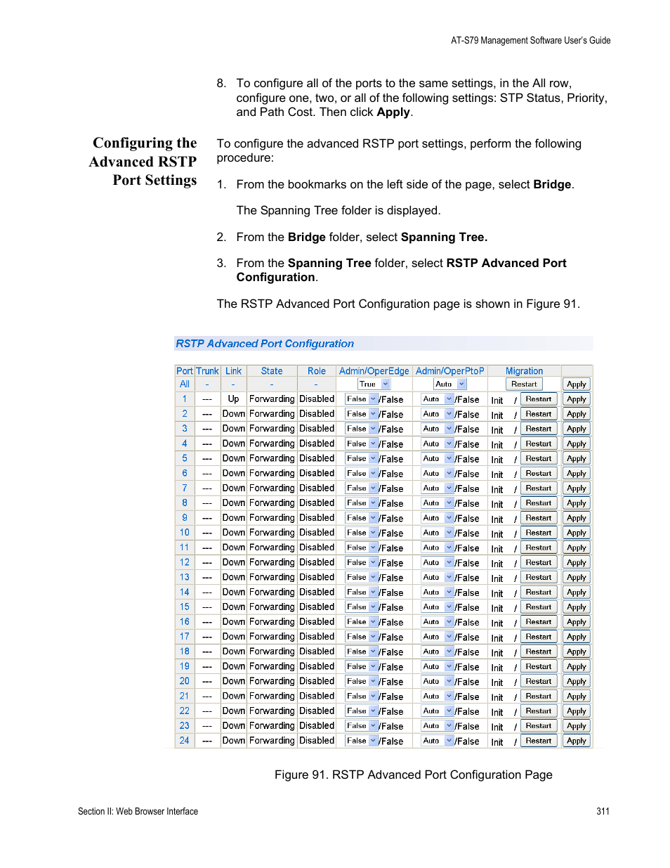 Configuring the advanced rstp port settings | Allied Telesis AT-S79 User Manual | Page 311 / 348