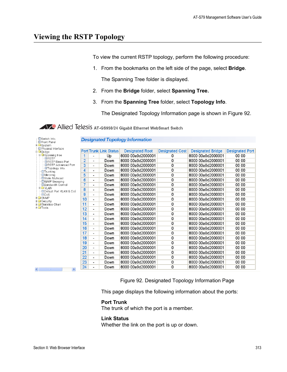 Viewing the rstp topology | Allied Telesis AT-S79 User Manual | Page 313 / 348