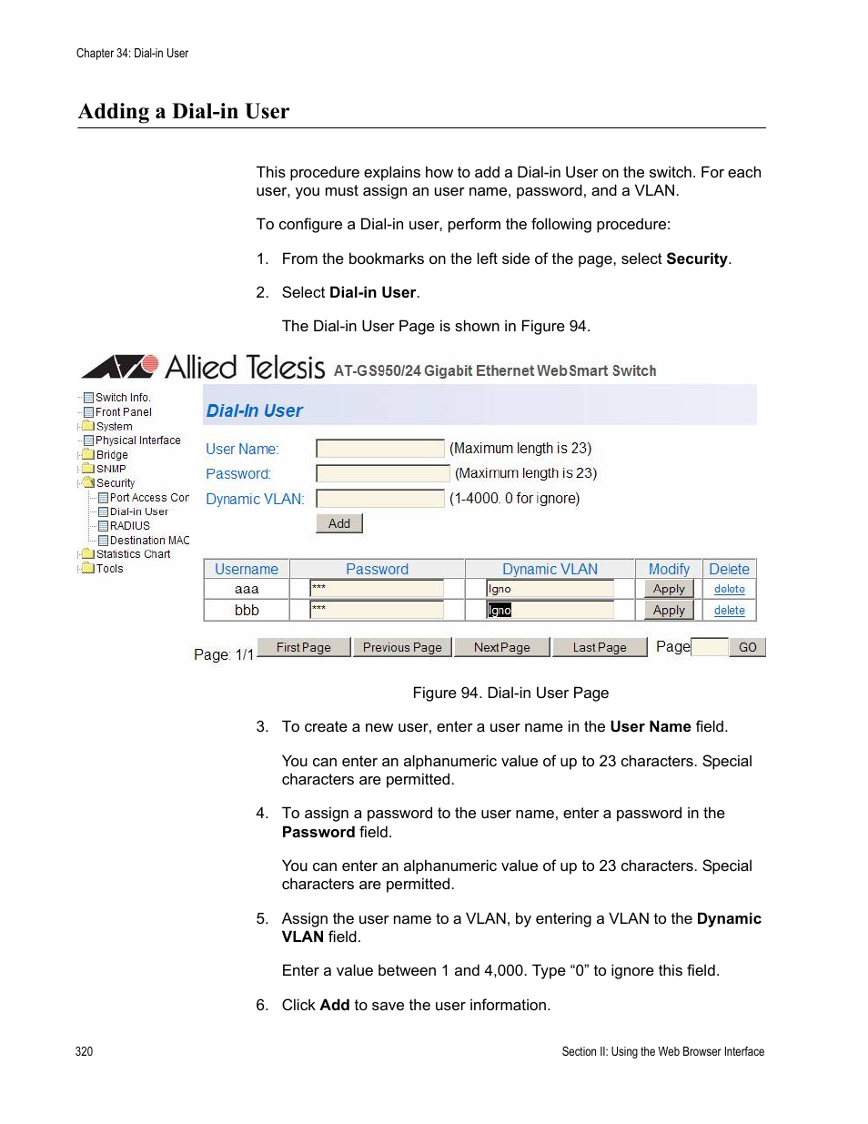 Adding a dial-in user | Allied Telesis AT-S79 User Manual | Page 320 / 348