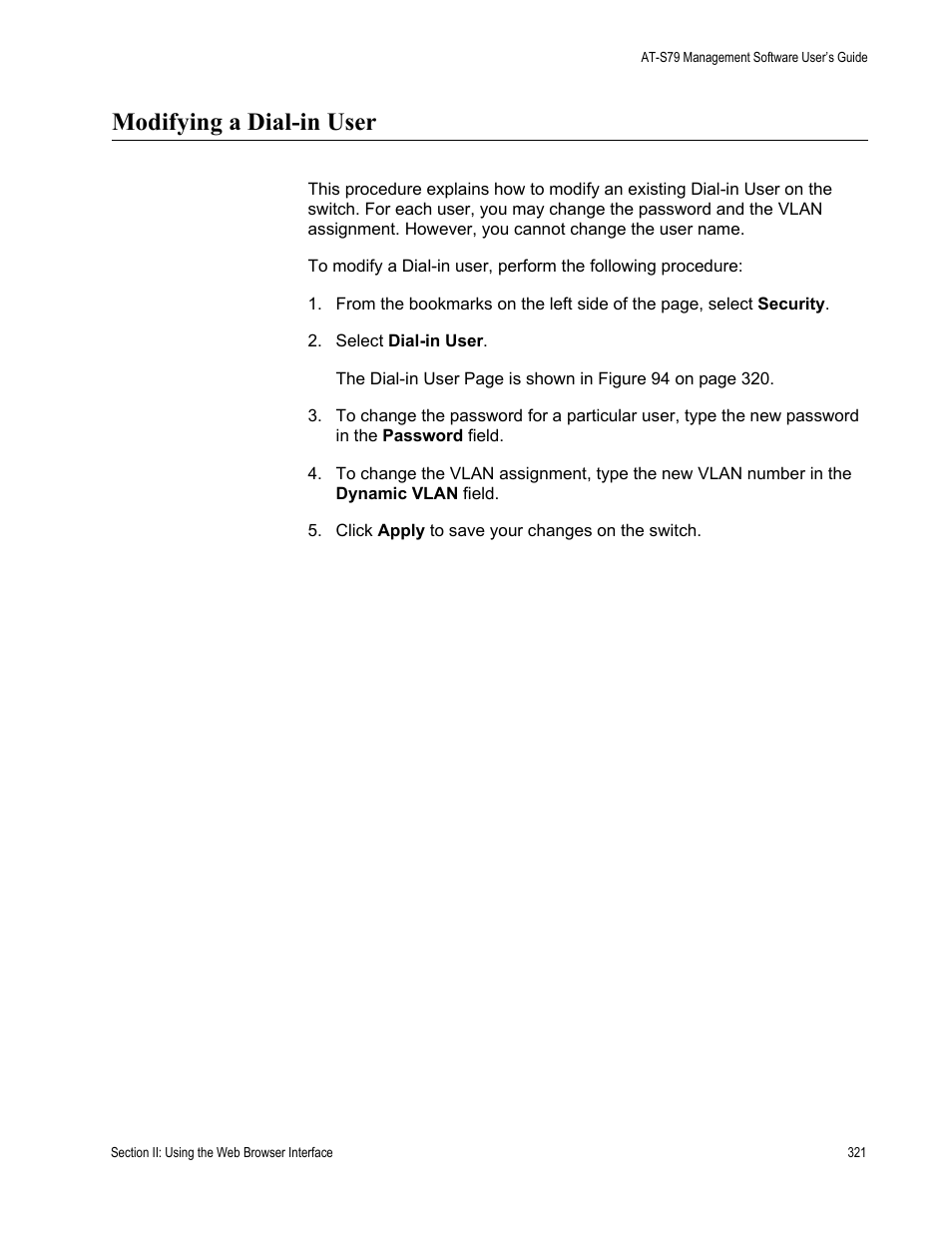 Modifying a dial-in user | Allied Telesis AT-S79 User Manual | Page 321 / 348