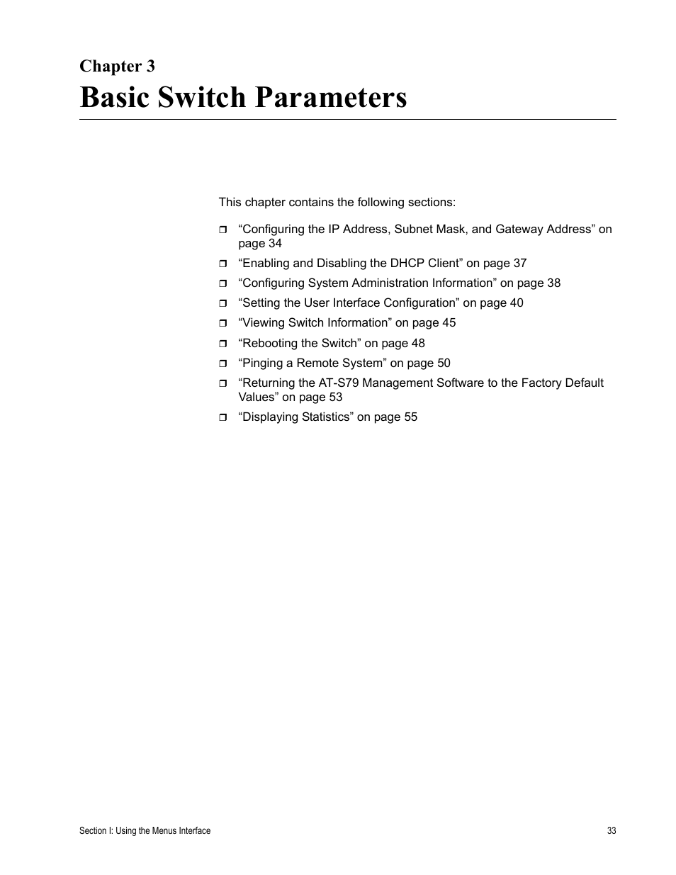 Chapter 3, Basic switch parameters | Allied Telesis AT-S79 User Manual | Page 33 / 348