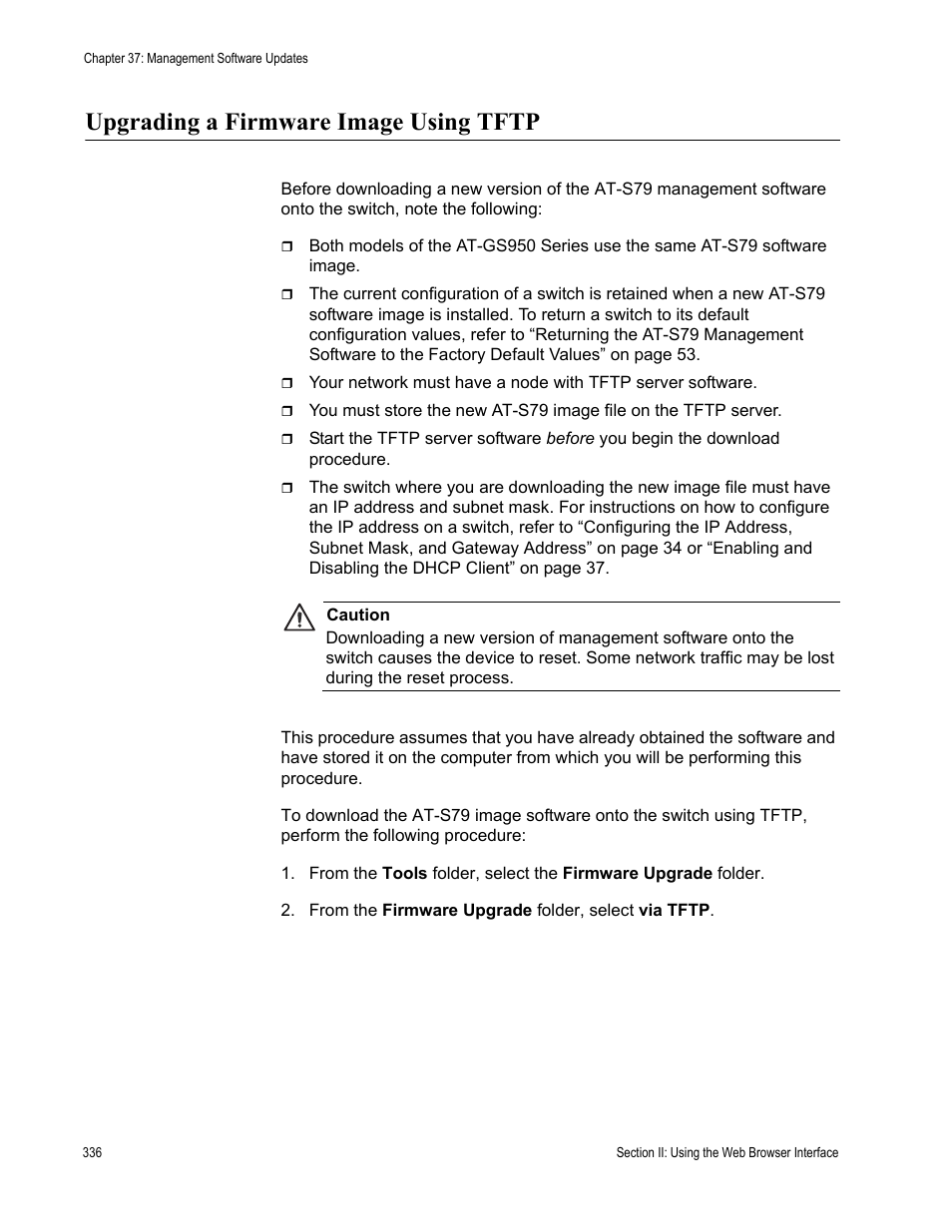 Upgrading a firmware image using tftp | Allied Telesis AT-S79 User Manual | Page 336 / 348