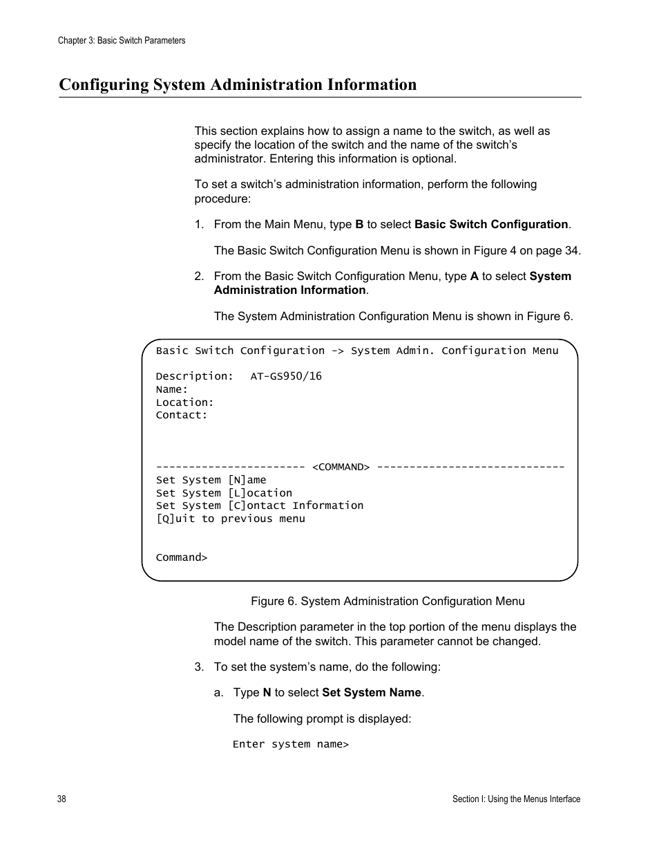 Configuring system administration information, Figure 6. system administration configuration menu | Allied Telesis AT-S79 User Manual | Page 38 / 348