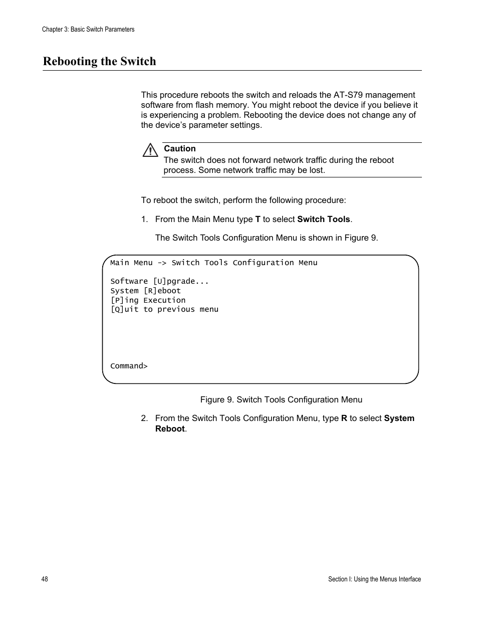 Rebooting the switch, Figure 9. switch tools configuration menu | Allied Telesis AT-S79 User Manual | Page 48 / 348