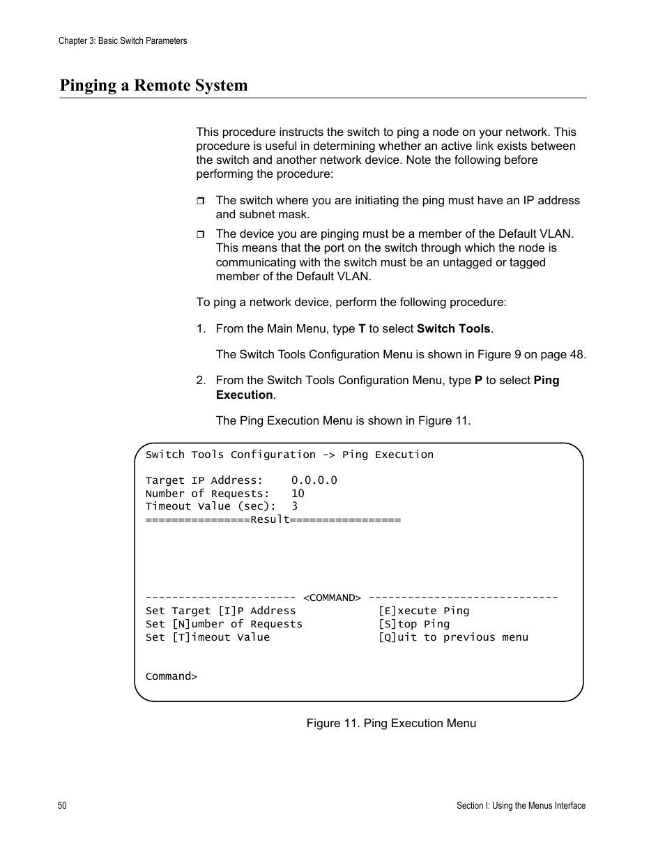 Pinging a remote system, Figure 11. ping execution menu | Allied Telesis AT-S79 User Manual | Page 50 / 348