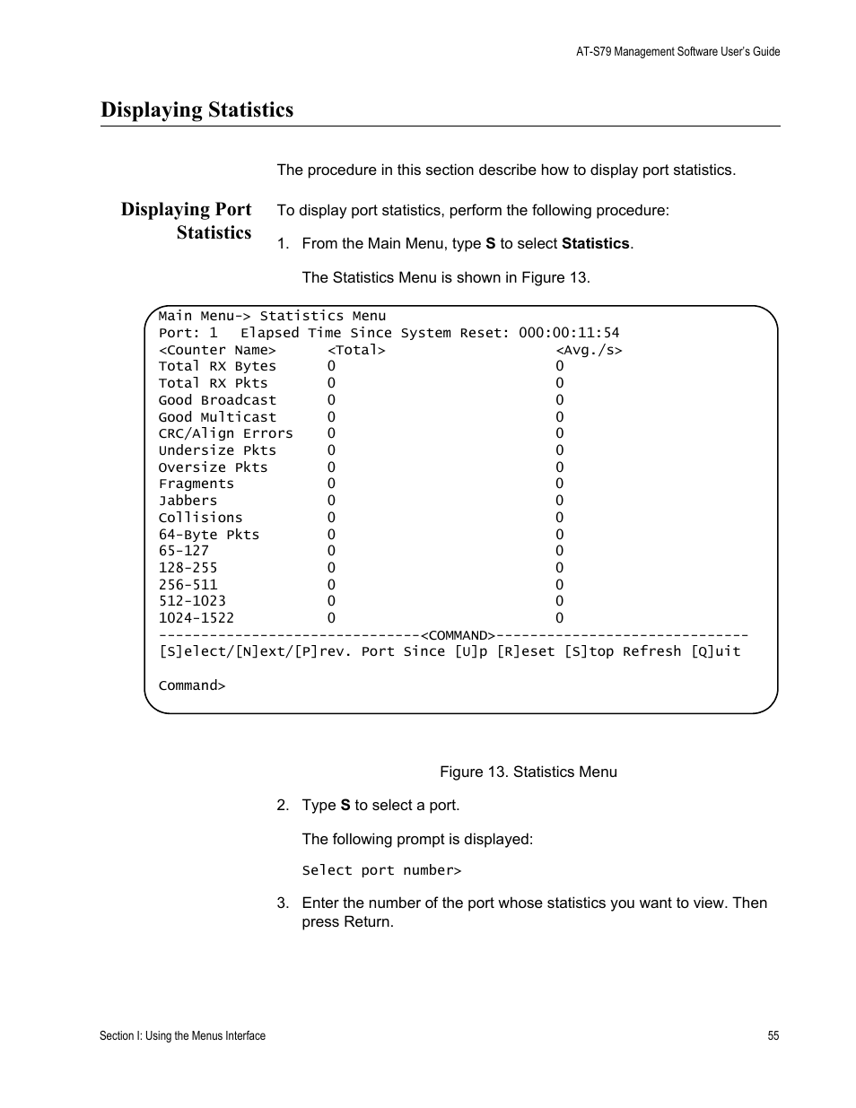 Displaying statistics, Displaying port statistics, Figure 13. statistics menu | Allied Telesis AT-S79 User Manual | Page 55 / 348