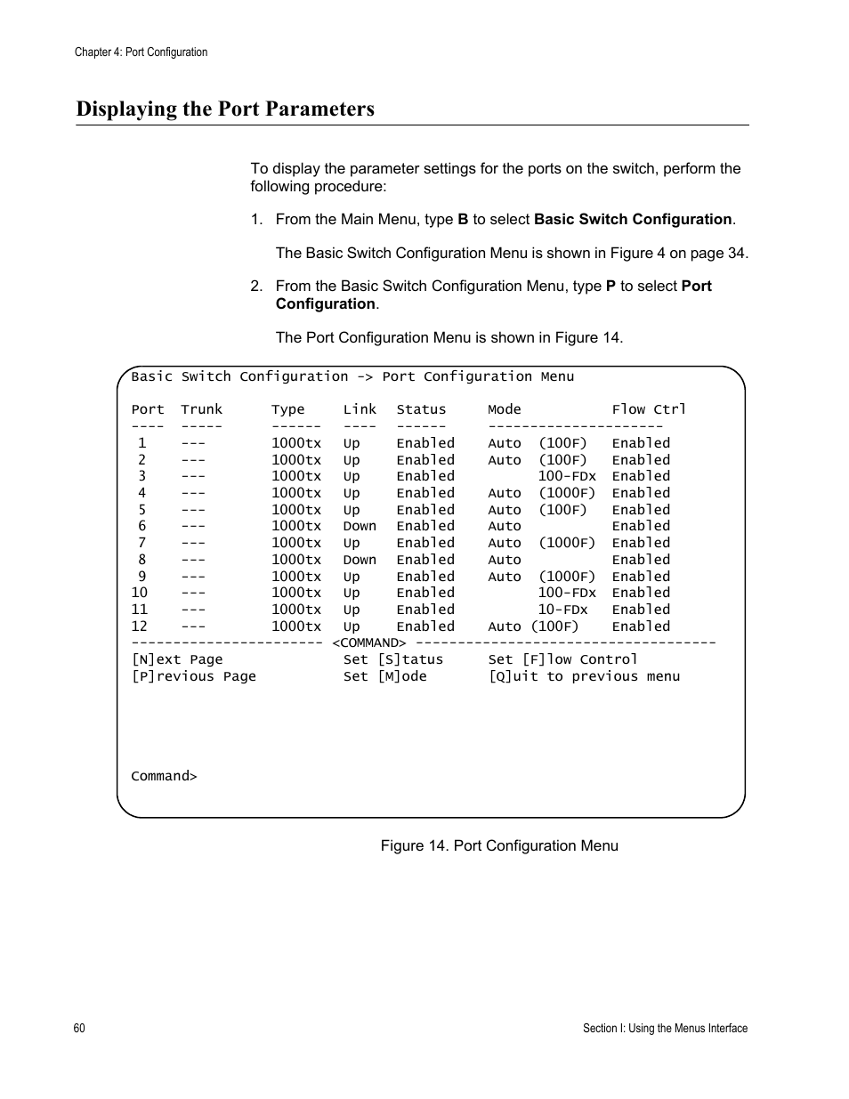 Displaying the port parameters, Figure 14. port configuration menu | Allied Telesis AT-S79 User Manual | Page 60 / 348