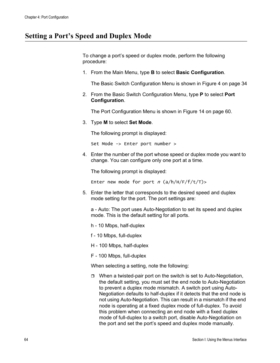 Setting a port’s speed and duplex mode | Allied Telesis AT-S79 User Manual | Page 64 / 348
