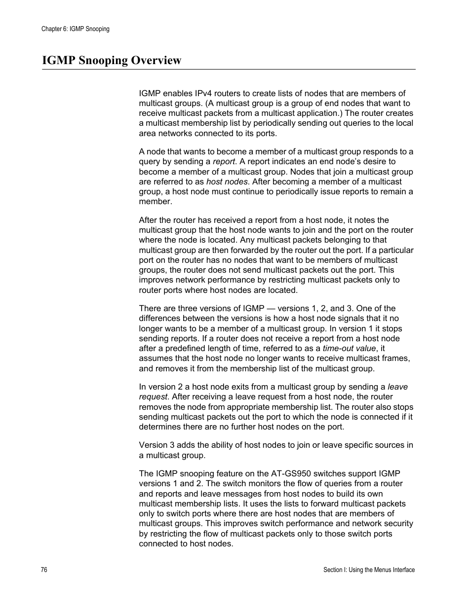 Igmp snooping overview | Allied Telesis AT-S79 User Manual | Page 76 / 348
