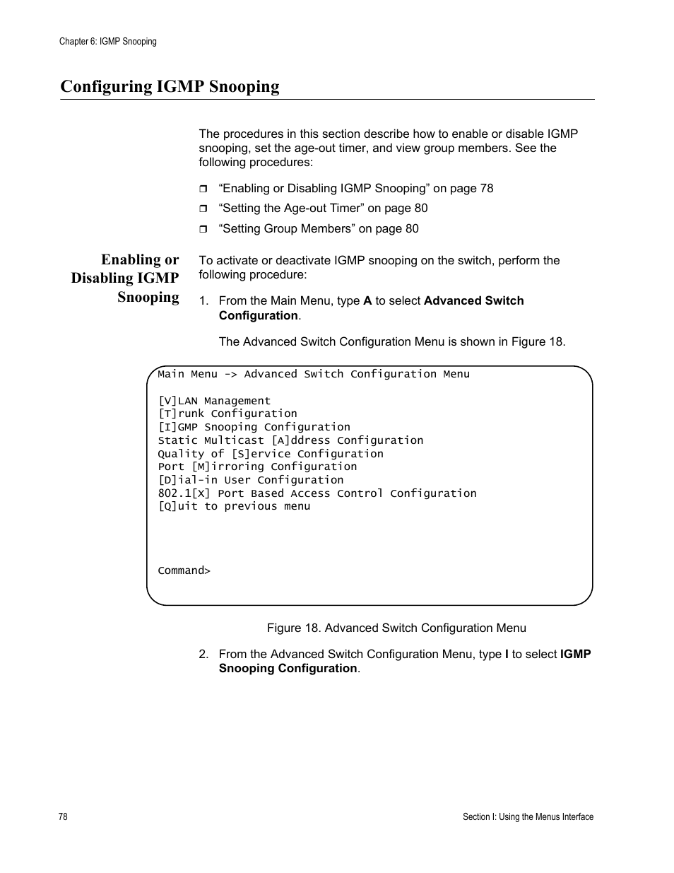 Configuring igmp snooping, Enabling or disabling igmp snooping, Figure 18. advanced switch configuration menu | Allied Telesis AT-S79 User Manual | Page 78 / 348