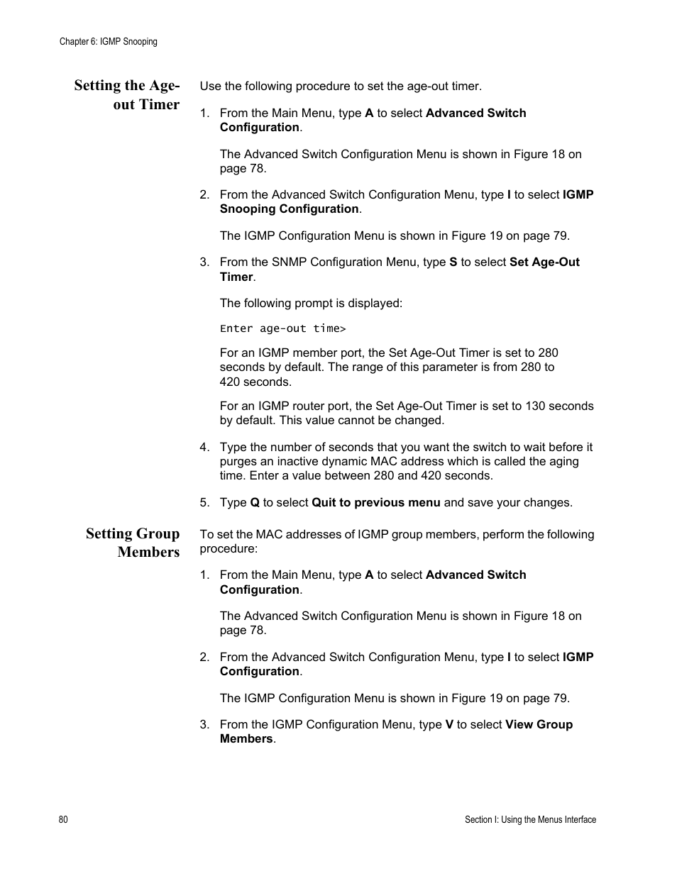 Setting the age- out timer, Setting group members, Setting the age-out timer setting group members | Allied Telesis AT-S79 User Manual | Page 80 / 348