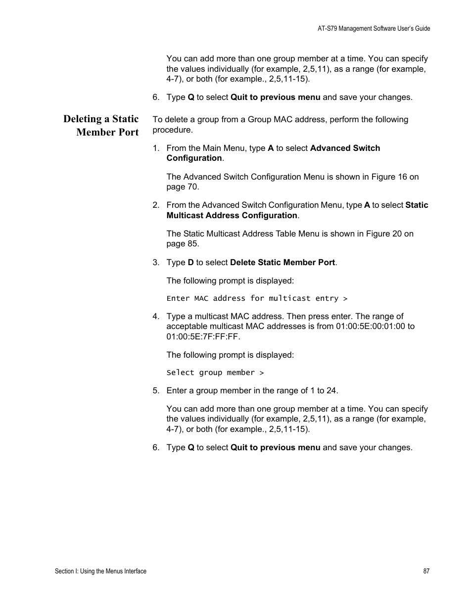 Deleting a static member port | Allied Telesis AT-S79 User Manual | Page 87 / 348