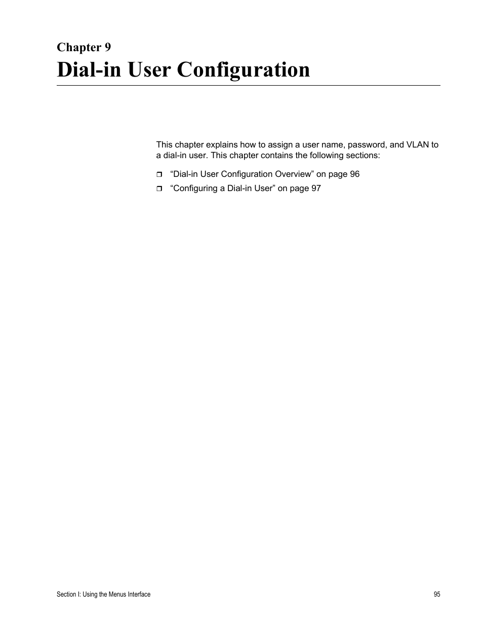 Chapter 9, Dial-in user configuration, R 9: dial-in user configuration | Allied Telesis AT-S79 User Manual | Page 95 / 348