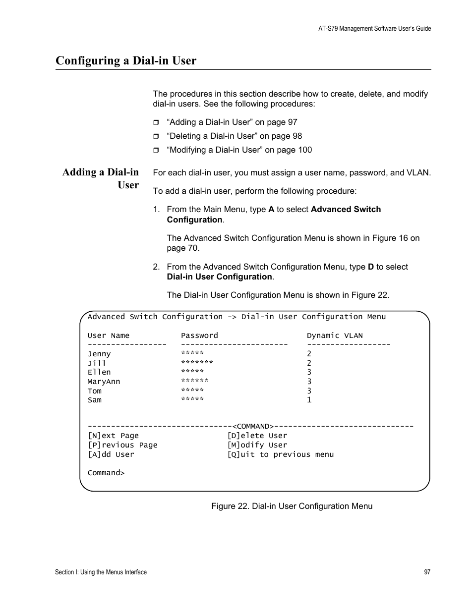 Configuring a dial-in user, Adding a dial-in user, Figure 22. dial-in user configuration menu | Allied Telesis AT-S79 User Manual | Page 97 / 348