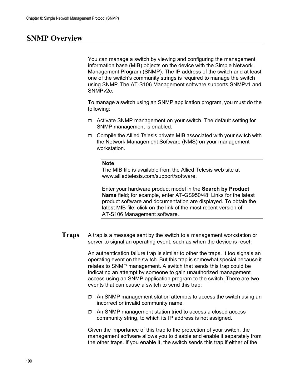 Snmp overview, Traps | Allied Telesis AT-S106 User Manual | Page 100 / 226