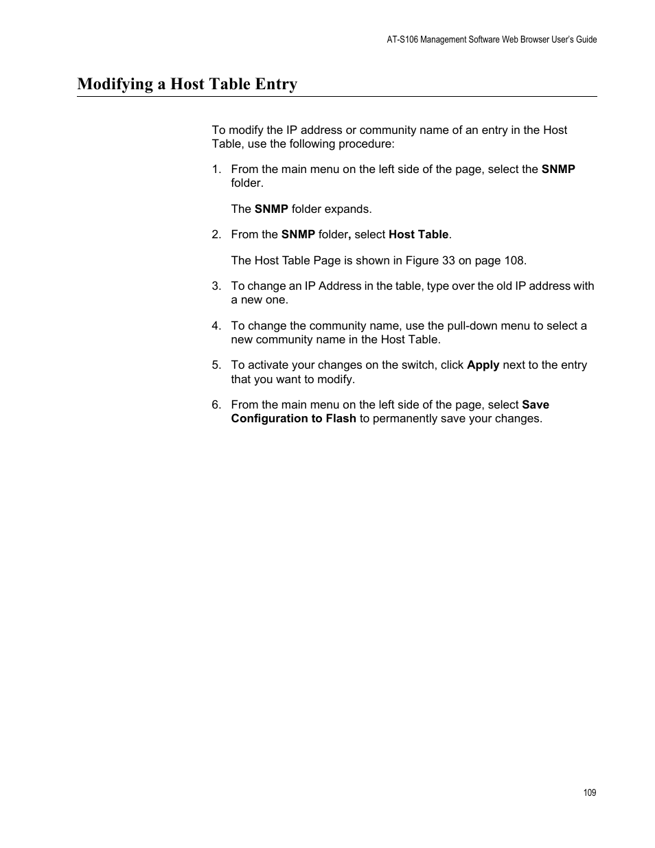 Modifying a host table entry | Allied Telesis AT-S106 User Manual | Page 109 / 226