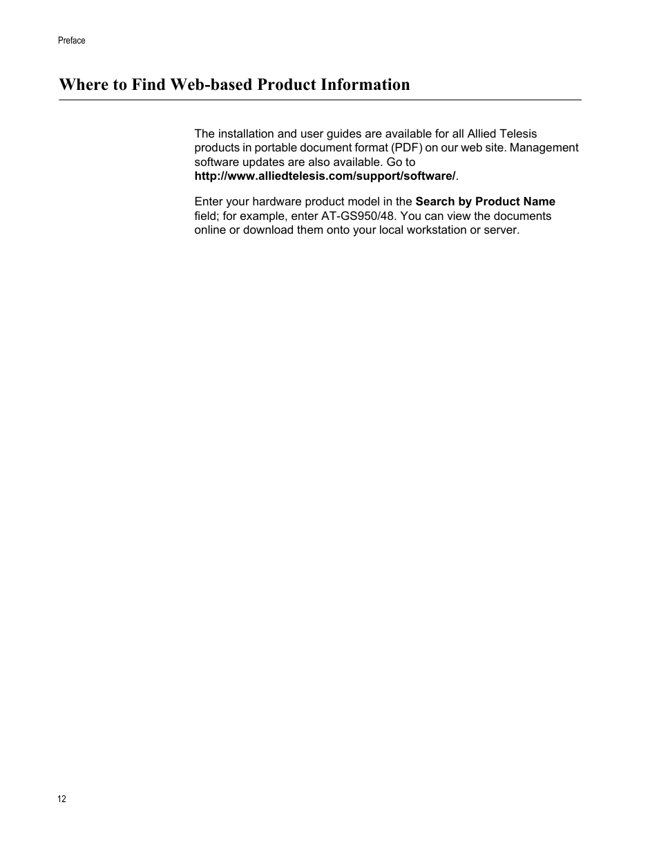 Where to find web-based product information | Allied Telesis AT-S106 User Manual | Page 12 / 226