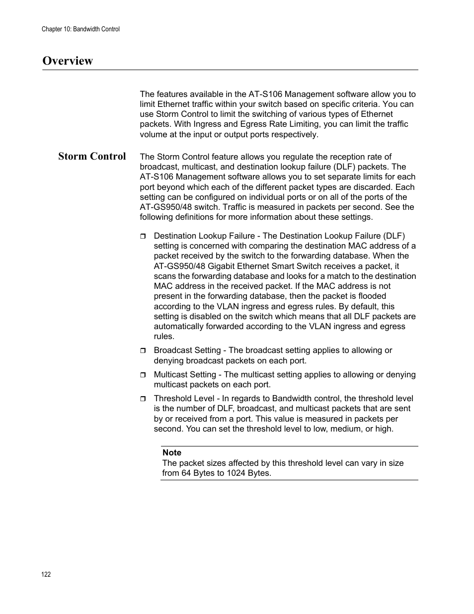 Overview, Storm control | Allied Telesis AT-S106 User Manual | Page 122 / 226