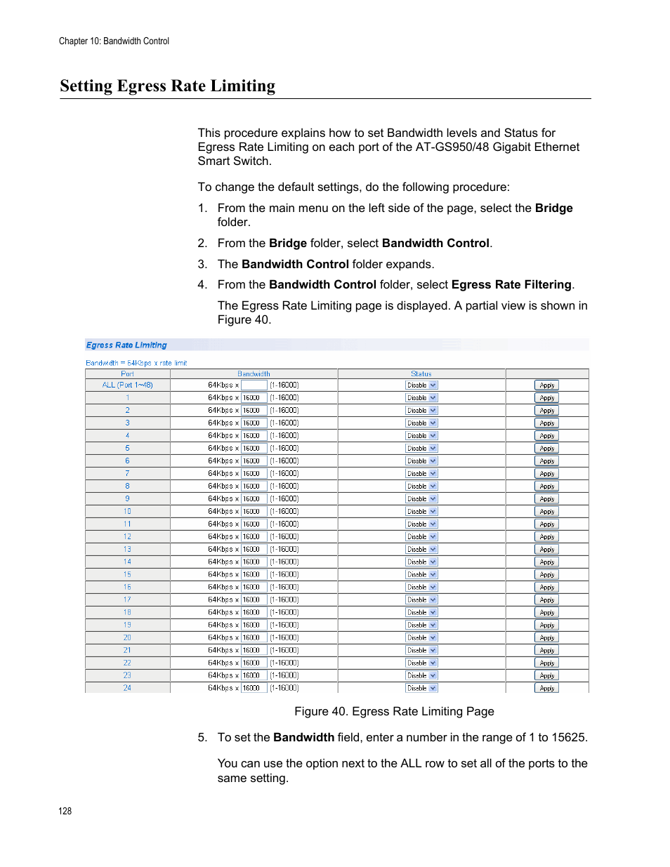 Setting egress rate limiting | Allied Telesis AT-S106 User Manual | Page 128 / 226