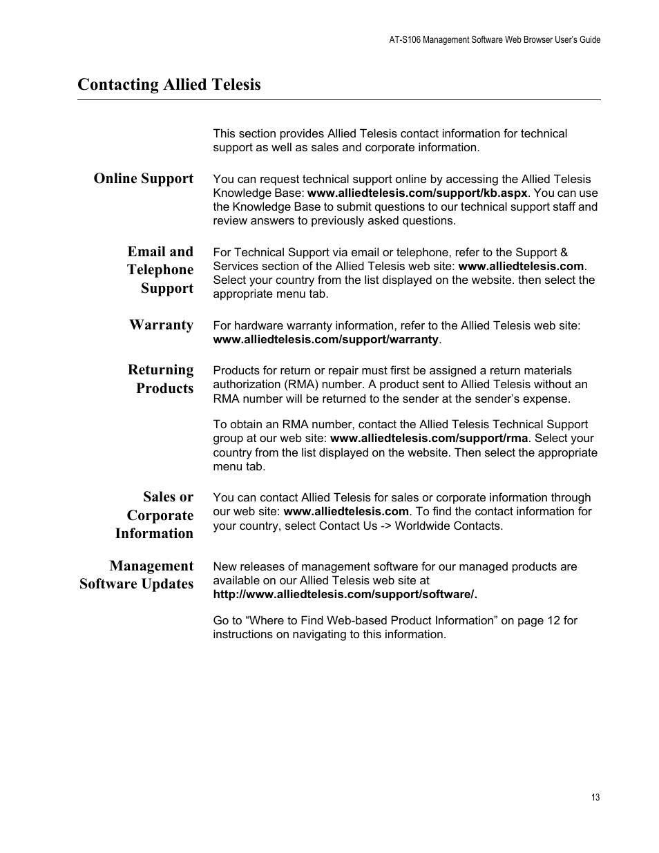 Contacting allied telesis, Online support, Email and telephone support | Warranty, Returning products, Sales or corporate information, Management software updates | Allied Telesis AT-S106 User Manual | Page 13 / 226