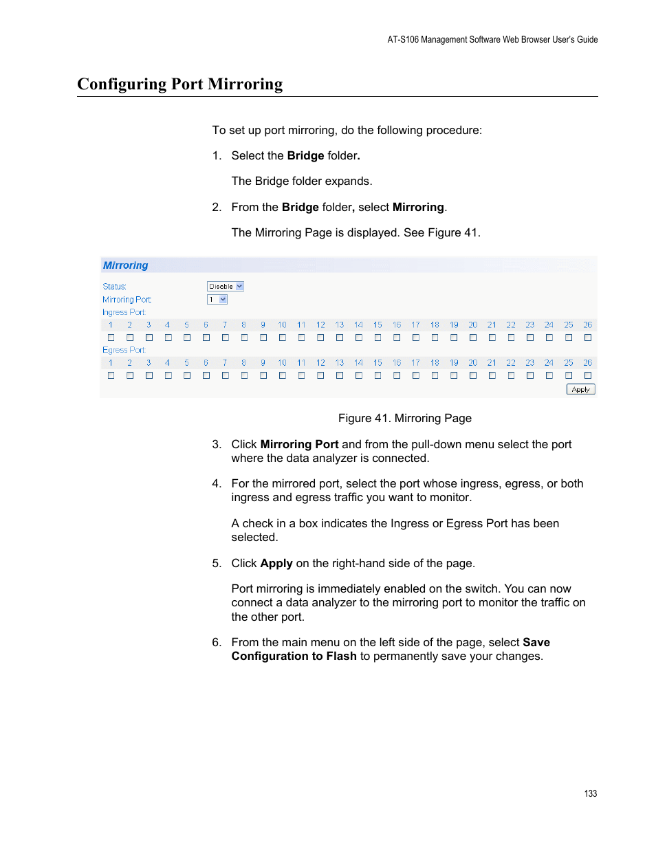 Configuring port mirroring | Allied Telesis AT-S106 User Manual | Page 133 / 226
