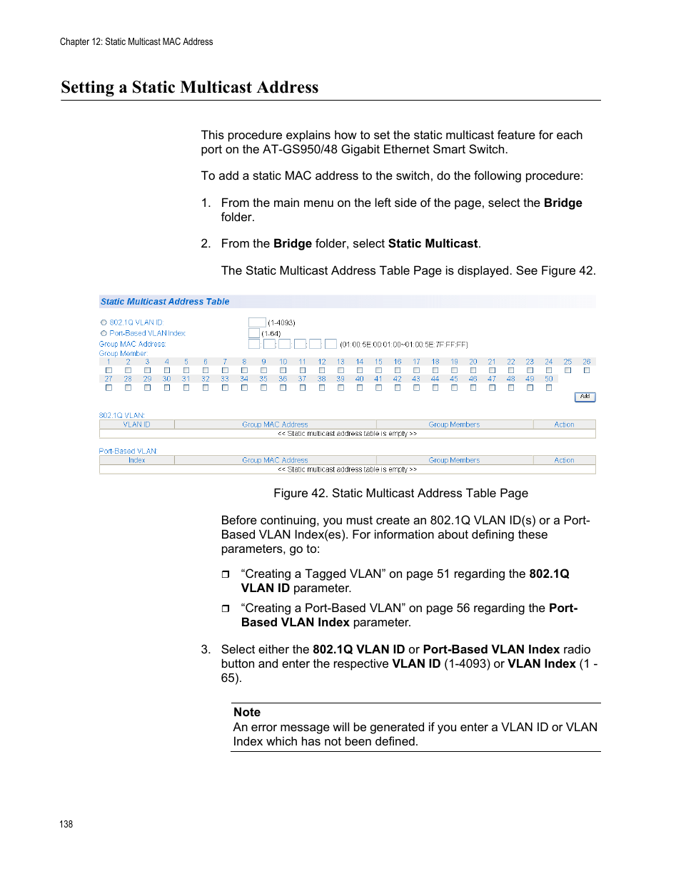 Setting a static multicast address | Allied Telesis AT-S106 User Manual | Page 138 / 226