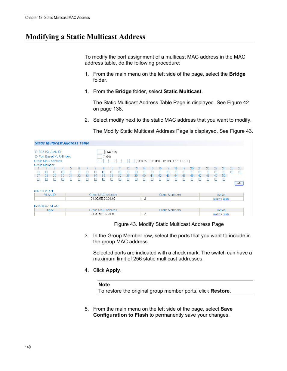 Modifying a static multicast address | Allied Telesis AT-S106 User Manual | Page 140 / 226